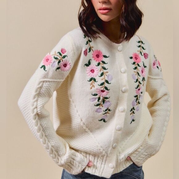 SO ME Floral Embroidered Coquette Cardigan Embroidered Cream Sweater - Picture 5 of 11